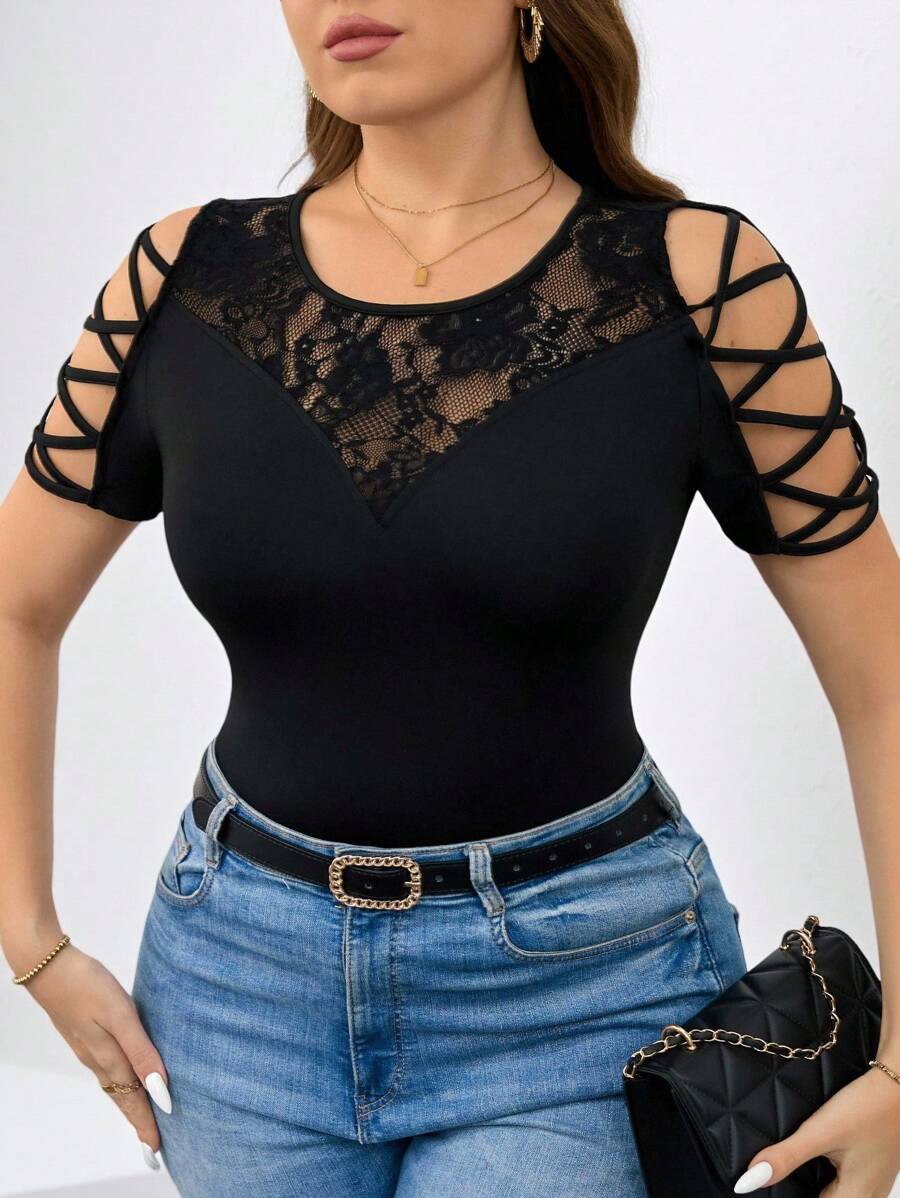 Chikora Plus Size T-Shirt With Lace Patchwork & Hollow Design, Casual & Elegant, Summer Outfits For Women