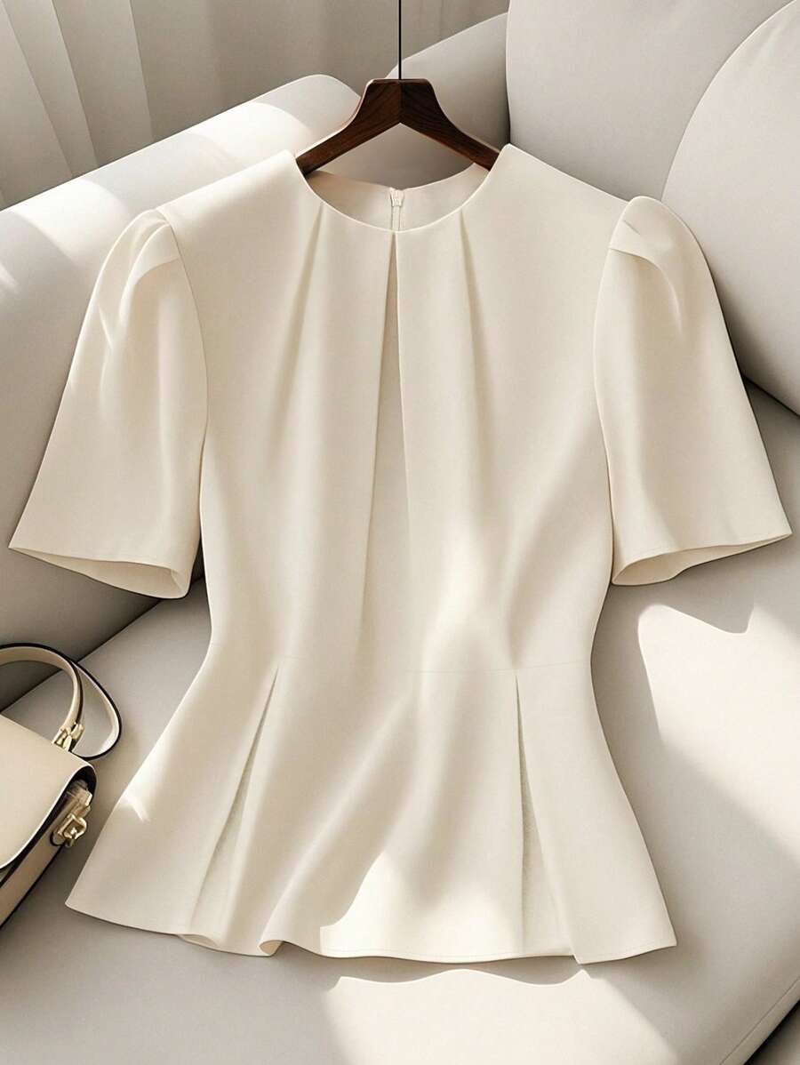 SHEIN Clasi Top peplum à manches bouffantes plissées à l'avant, style élégant et décontracté, tailles plus pour femmes