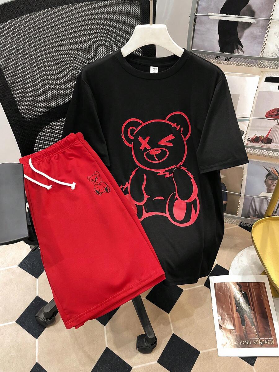 SHEIN 2pcs Teenage Boys Casual Bear Print Pattern Round Neck Short Sleeve T-Shirt And Shorts Knit Set