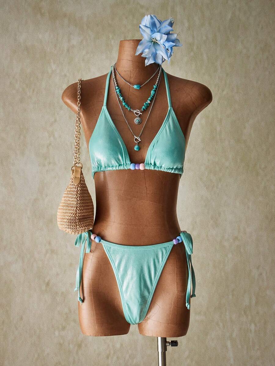 SHEIN ICON Set di bikini sexy a due pezzi con collo alto, schiena aperta e dettagli di perline