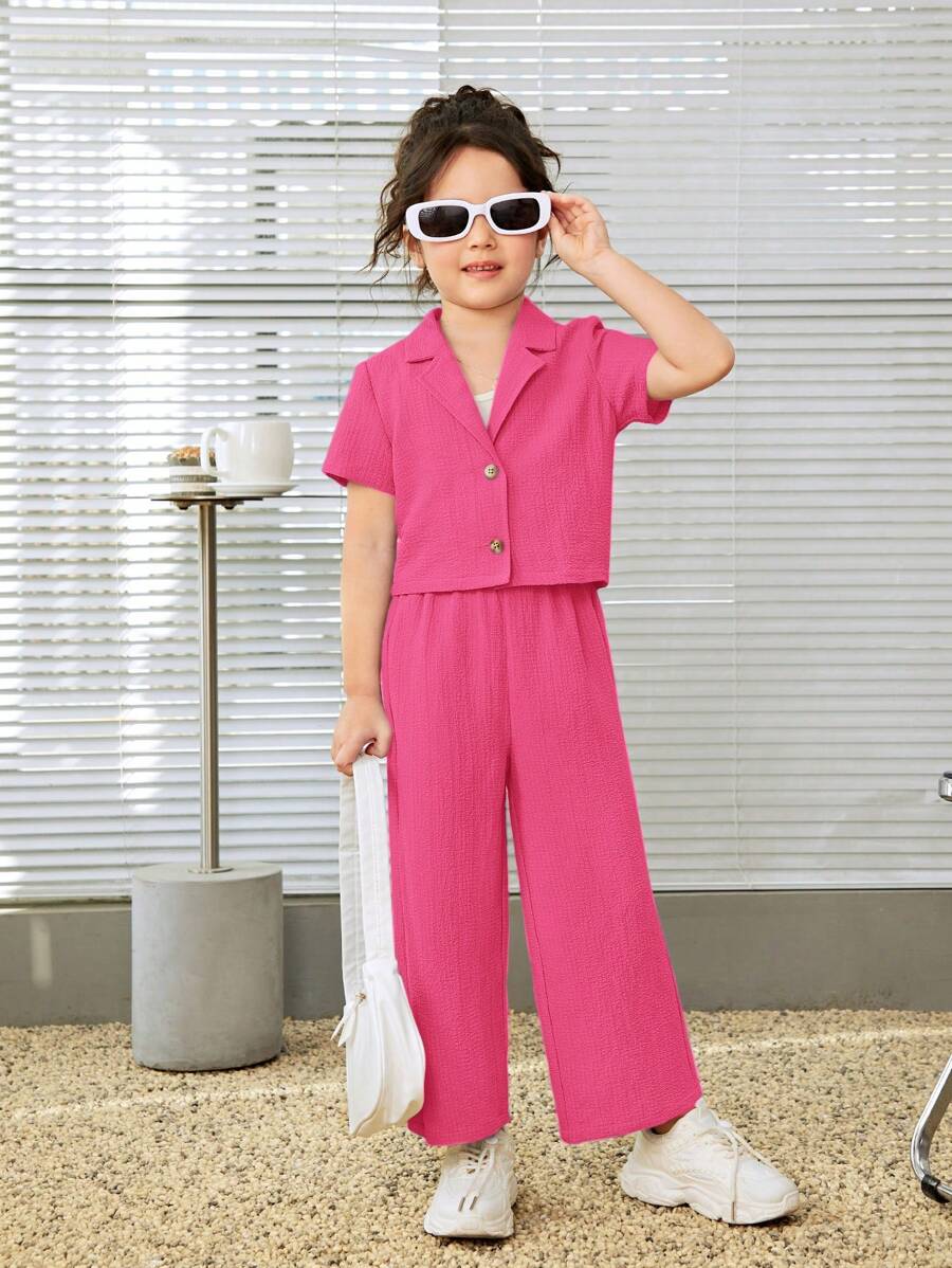 SHEIN Conjunto de camisa casual de cor sólida com gola de lapela e estilo de rua para meninas