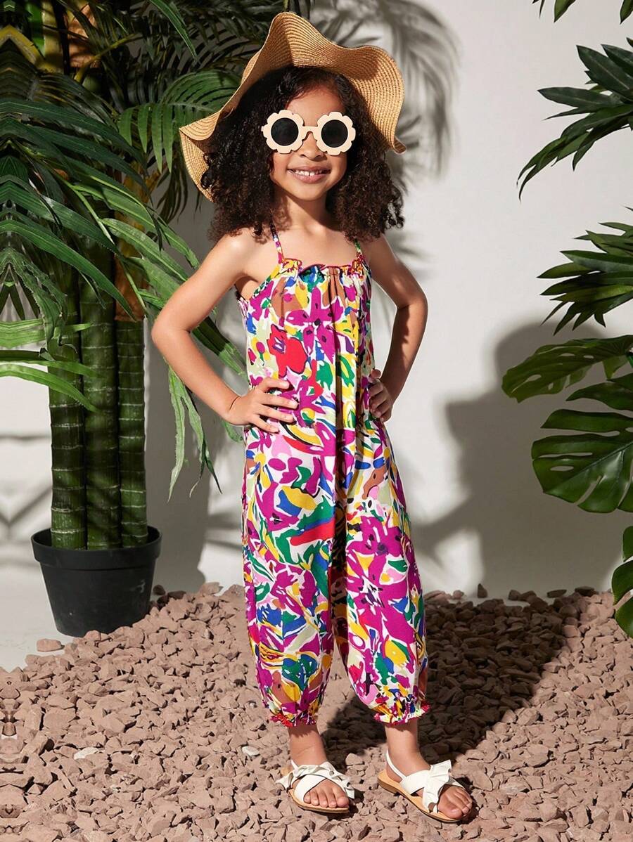 SHEIN Mono informal de pierna ancha con estampado floral para niña, estilo de vacaciones