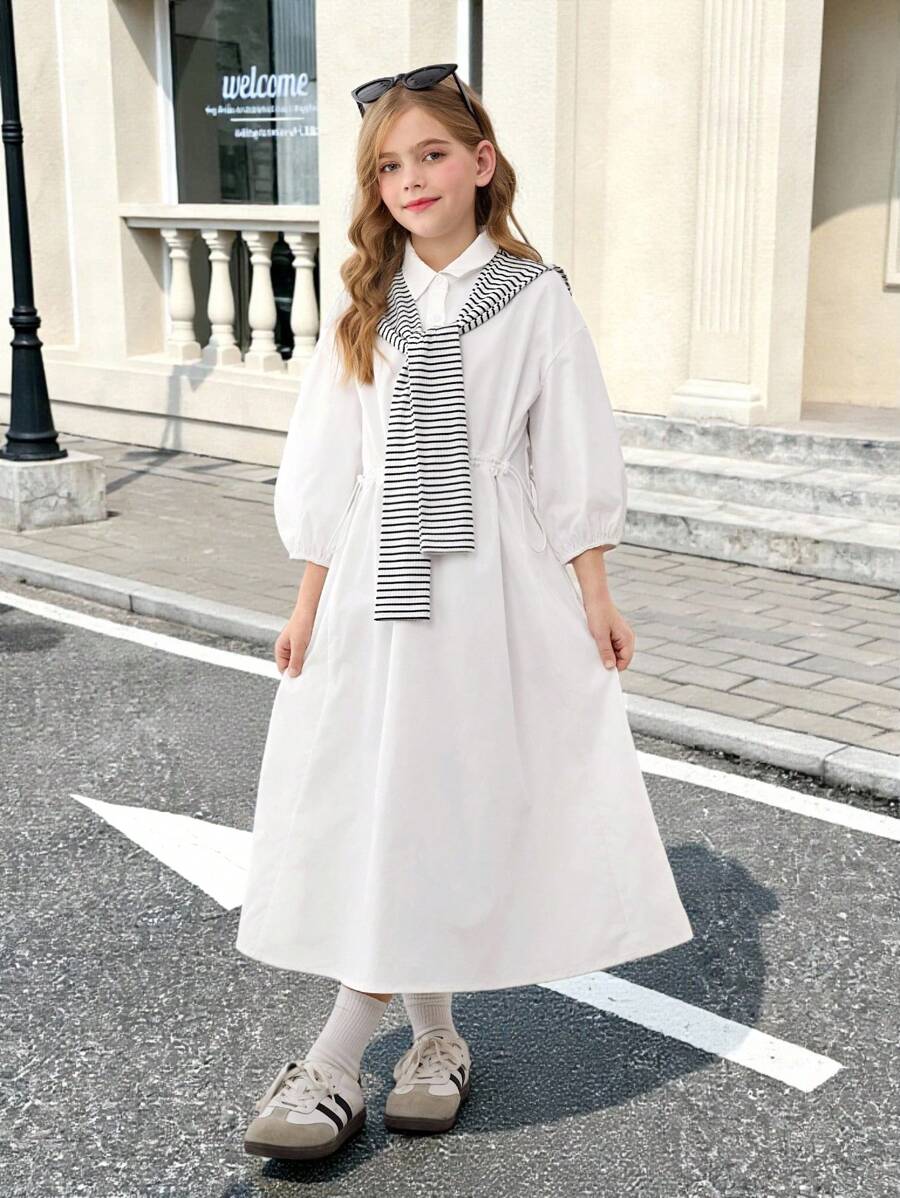 SHEIN فستان قميص أبيض طويل للفتيات المراهقات، أكمام دولمان ذات ياقة بحرية مخطط، مناسب لفصلي الربيع والصيف، للعطلات، الطراز الريفي، الموضة الشارعية، خارجي غير رسمي، للعودة للمدرسة
