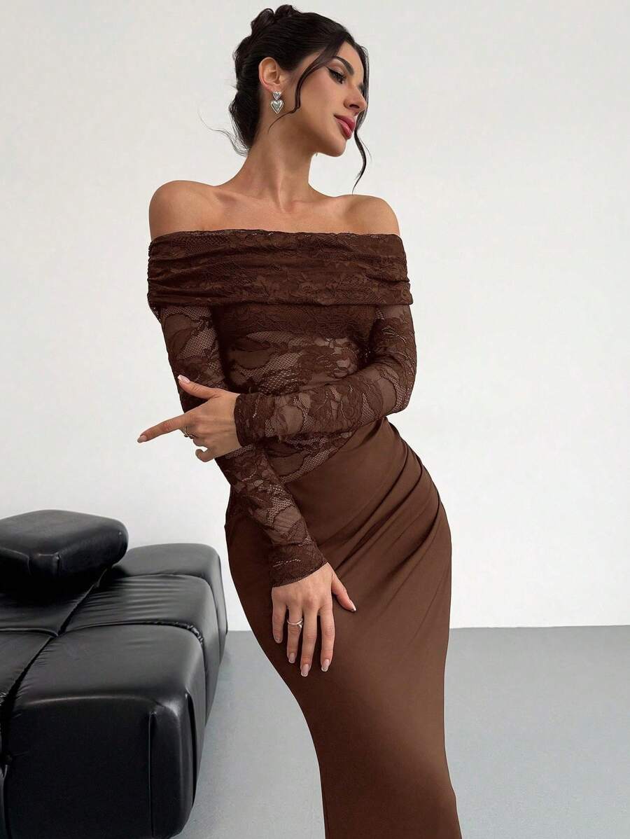 Firerie Women Elegant Sexy Minimalist Fashion Alluring Valentines Party Date Off Shoulder Textured Mesh Sheer Pintuck Low Waist Form-Fitting Red Long Sleeve Dress
