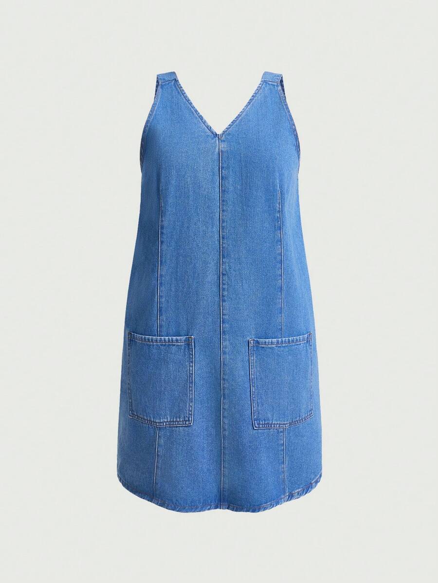 SHEIN Essnce Vestiti di jeans casual e comodi, senza maniche, con tasche, adatti a tutti i giorni, di taglia comoda