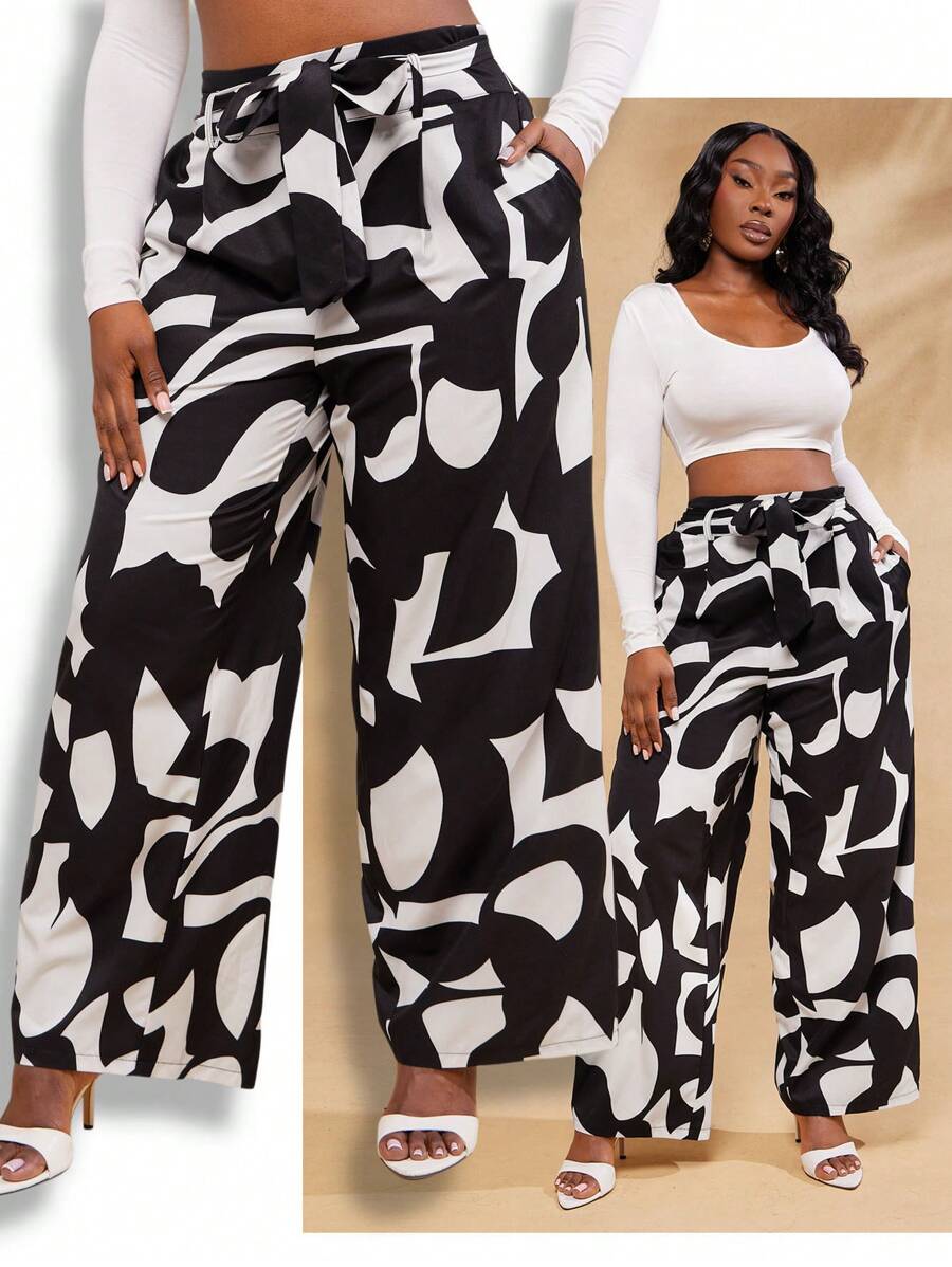SHEIN SXY Plus Size Women Geometric Print Knotted Waist Pockets Wide Leg Pants,Suitable For Early Spring, Spring And Summer, Rainforest, Beach Party, Seaside Vacation, Bonfire Party, Cool And Light, Slim Fit, Comfortable To Wear,Easy To Match&Looks Slim,Accent Your Body,Flatter The Figure