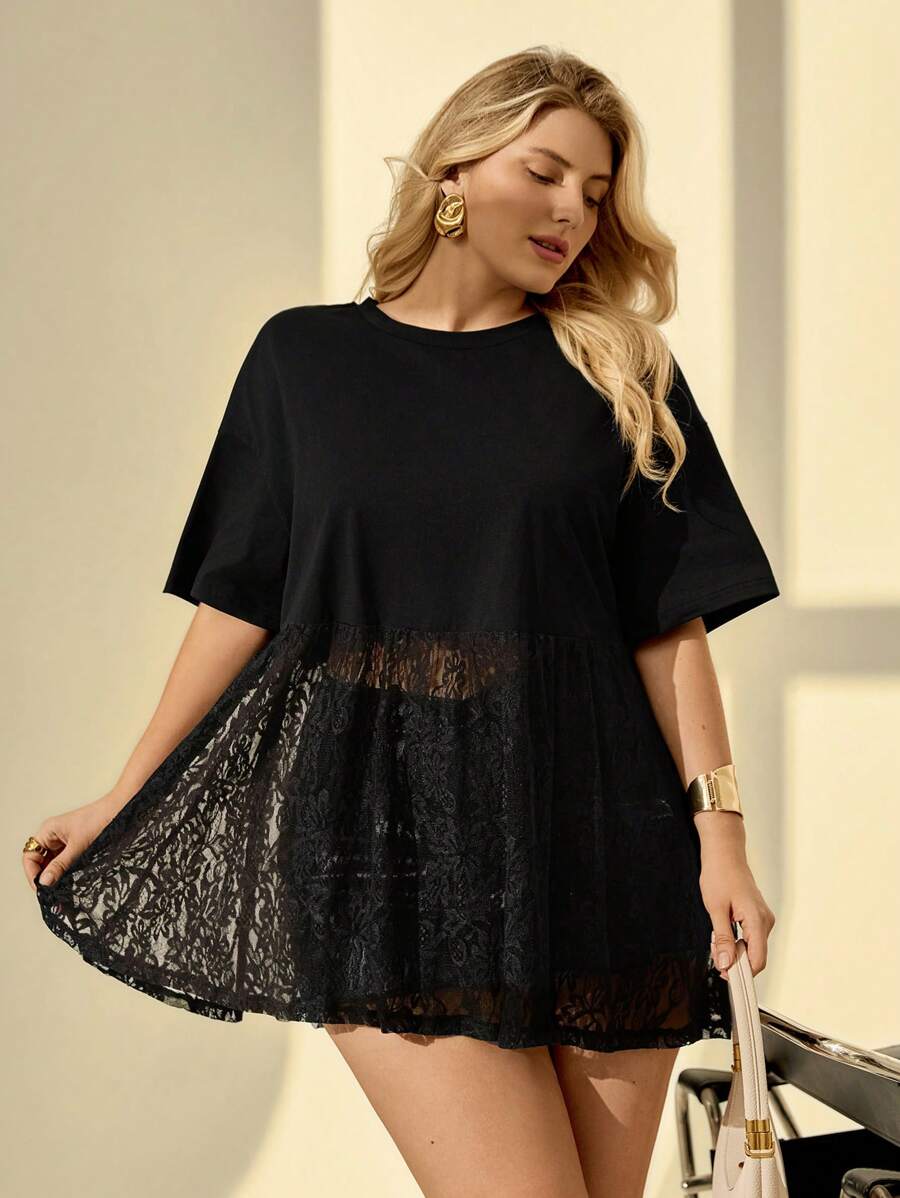 Auralis Camiseta casual de talla grande para mujer con cuello redondo, manga corta y dobladillo de encaje con contraste