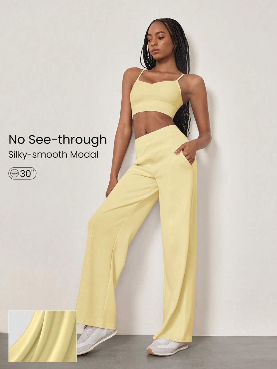 GLOWMODE Modal Silk Touch Wide Leg High Waist Lounge Pants With Side Pockets Daily Casual Fall