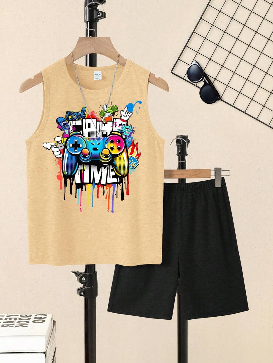 SHEIN Lässiges, minimalistisches Set aus Weste und Shorts mit Rundhalsausschnitt für Tween Jungen, geeignet für den Sommer