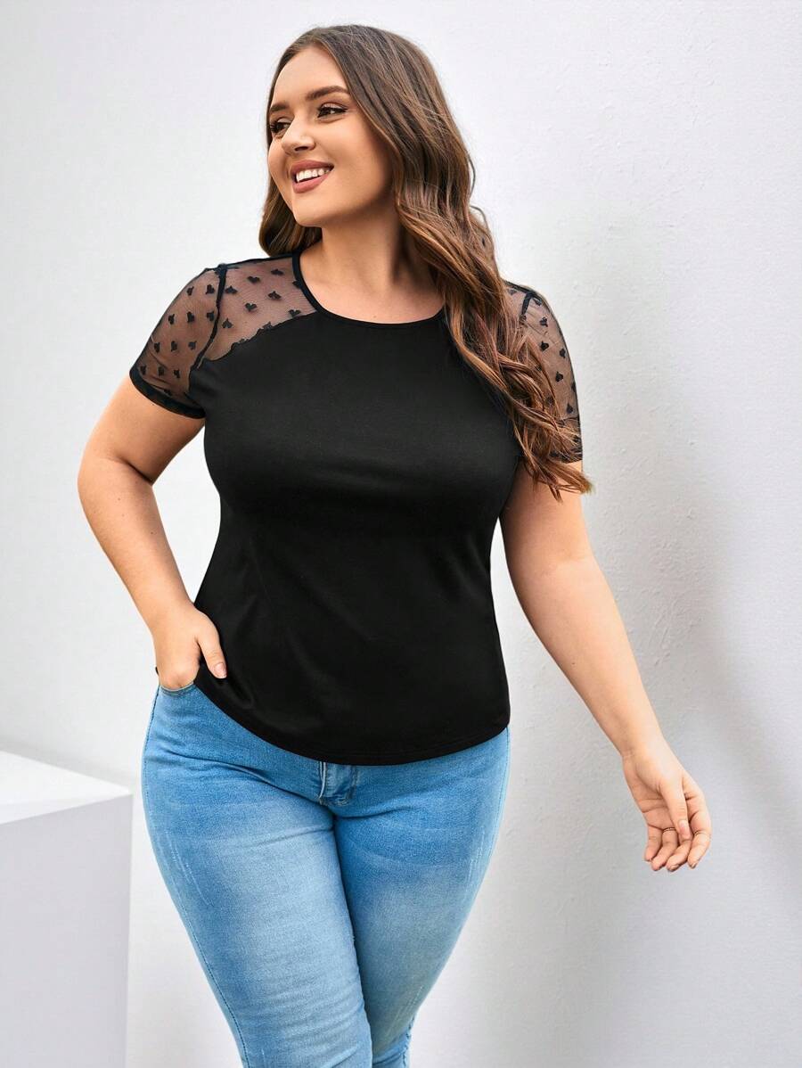 SHEIN Clasi Camiseta de manga raglán con malla y contraste en forma de corazón, de verano