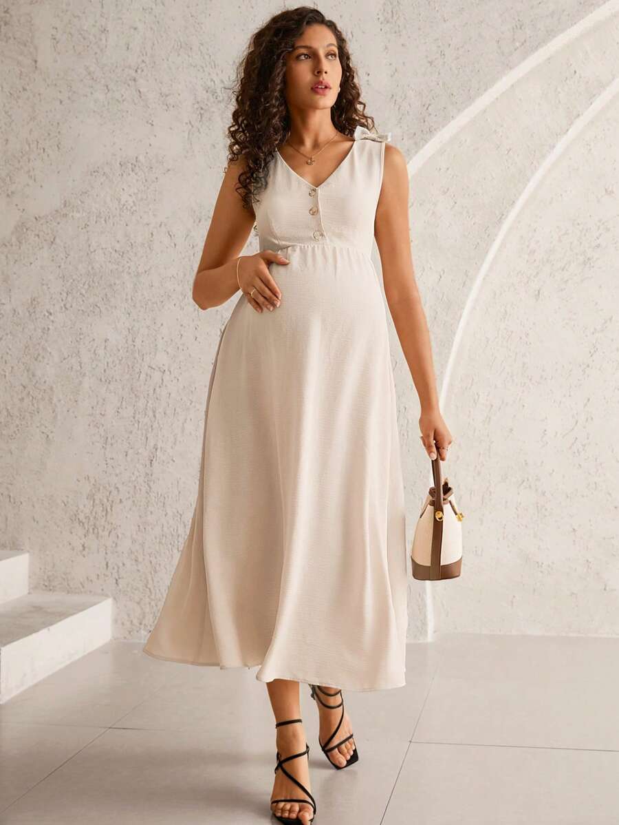 MaterniWear Khaki V-Neck Open Front Sleeveless Casual Work/Office Maternity Dress Old Money Style Women Business Casual Woman