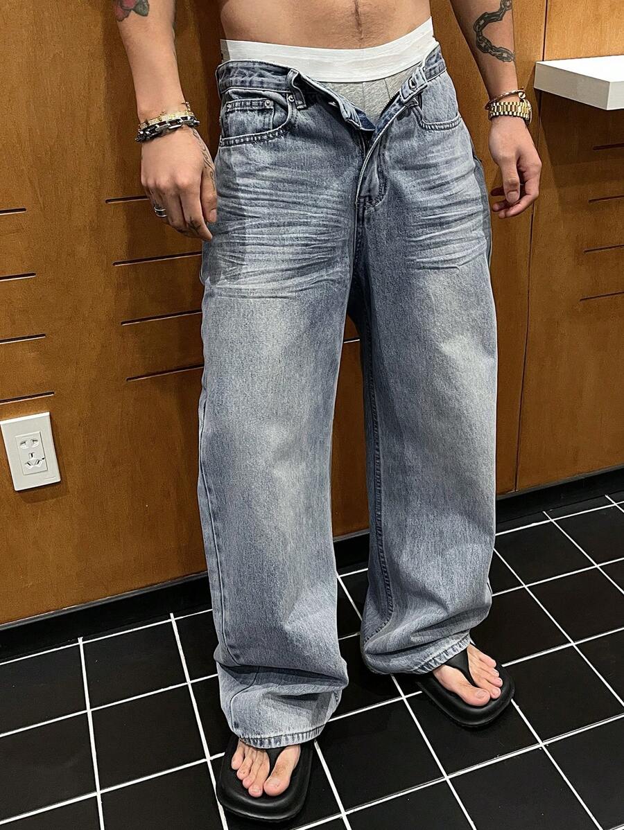 DAZY Jeans de hombre azul desgastado con pliegues, para primavera/verano