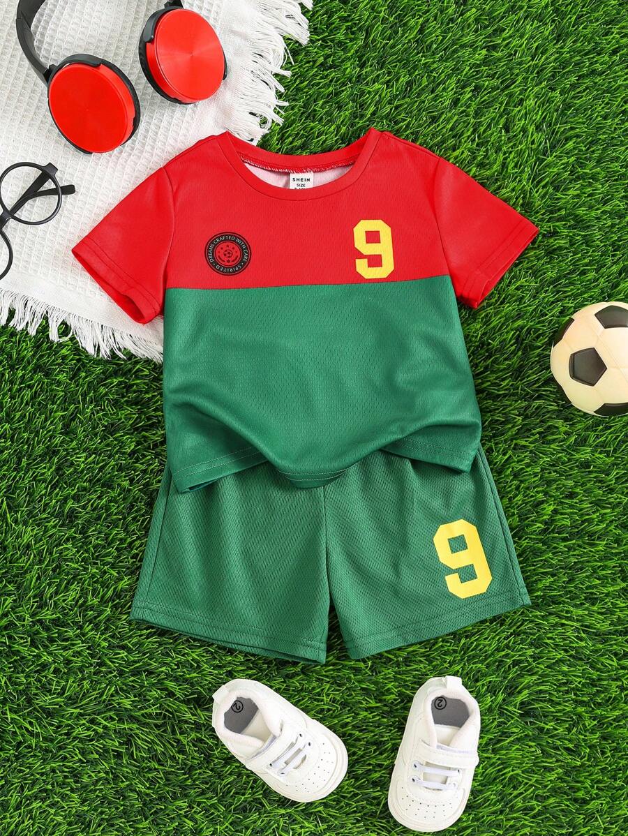 SHEIN Set de 2 piezas para bebé niño con jersey y pantalones cortos de fútbol/fútbol con bloqueo de color, de secado rápido y transpirable, adecuado para uso en interiores, exteriores, uso diario, deportes, juegos, fiestas, fotografía, vacaciones, festivales, equipo de Portugal, primavera/verano