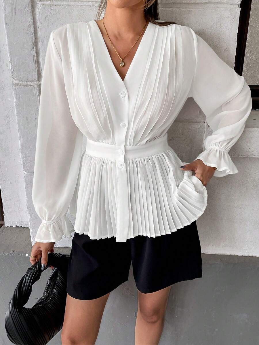 Siren Gaze Blouse casual femme avec ourlet froncé et couleur unie
