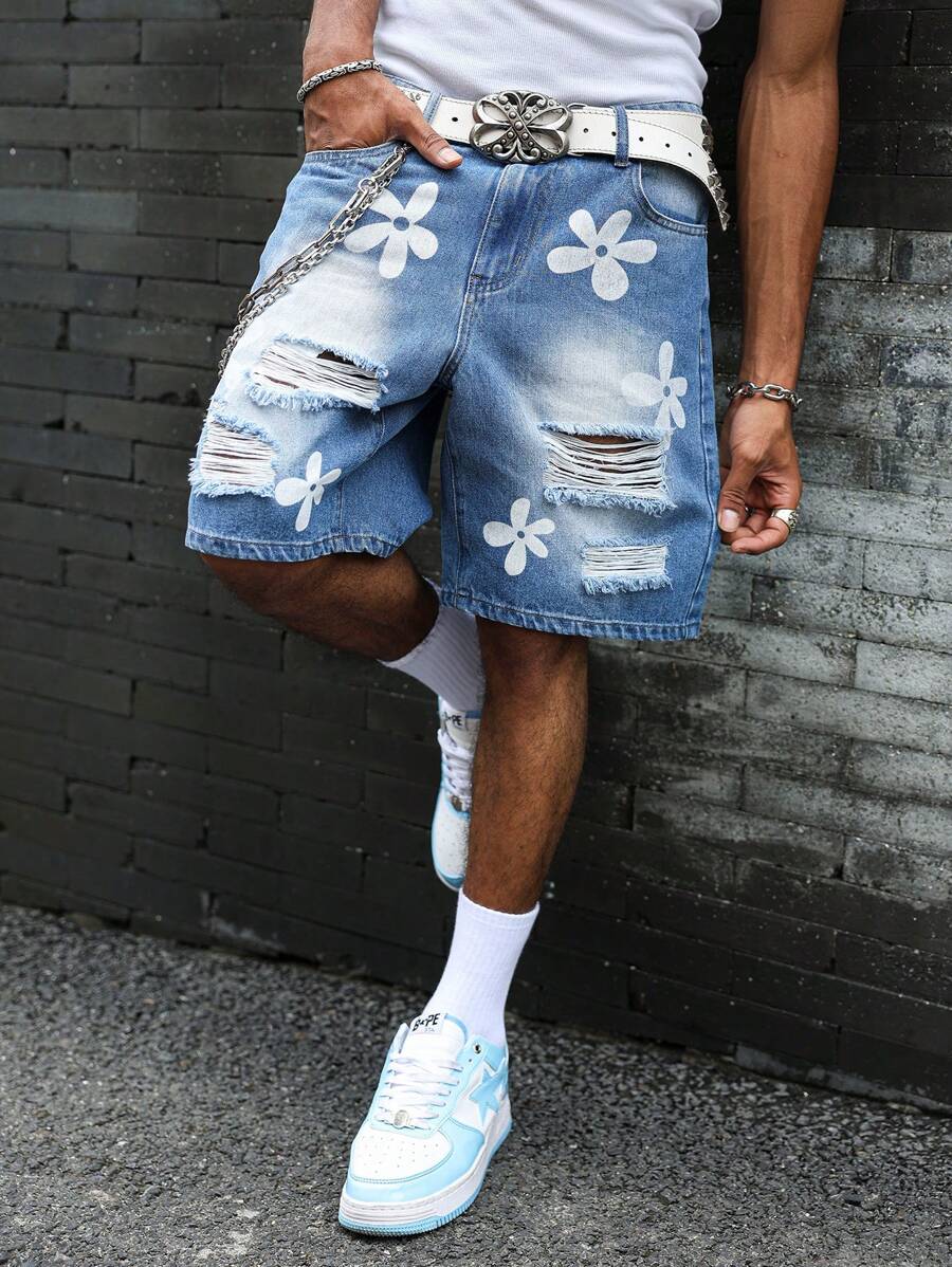 Manfinity EMRG Shorts vaqueros casuales para hombre con bolsillo rasgado y estampado floral de color contrastante