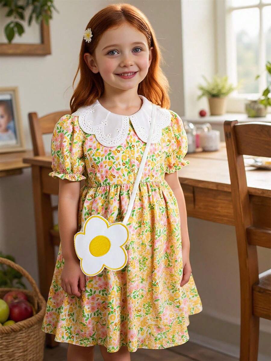 SHEIN Vestido con bolso con flores, mangas abullonadas, cuello bordado y cintura fruncida, con estampado floral pequeño, adecuado para uso casual y de vacaciones para niñas jóvenes