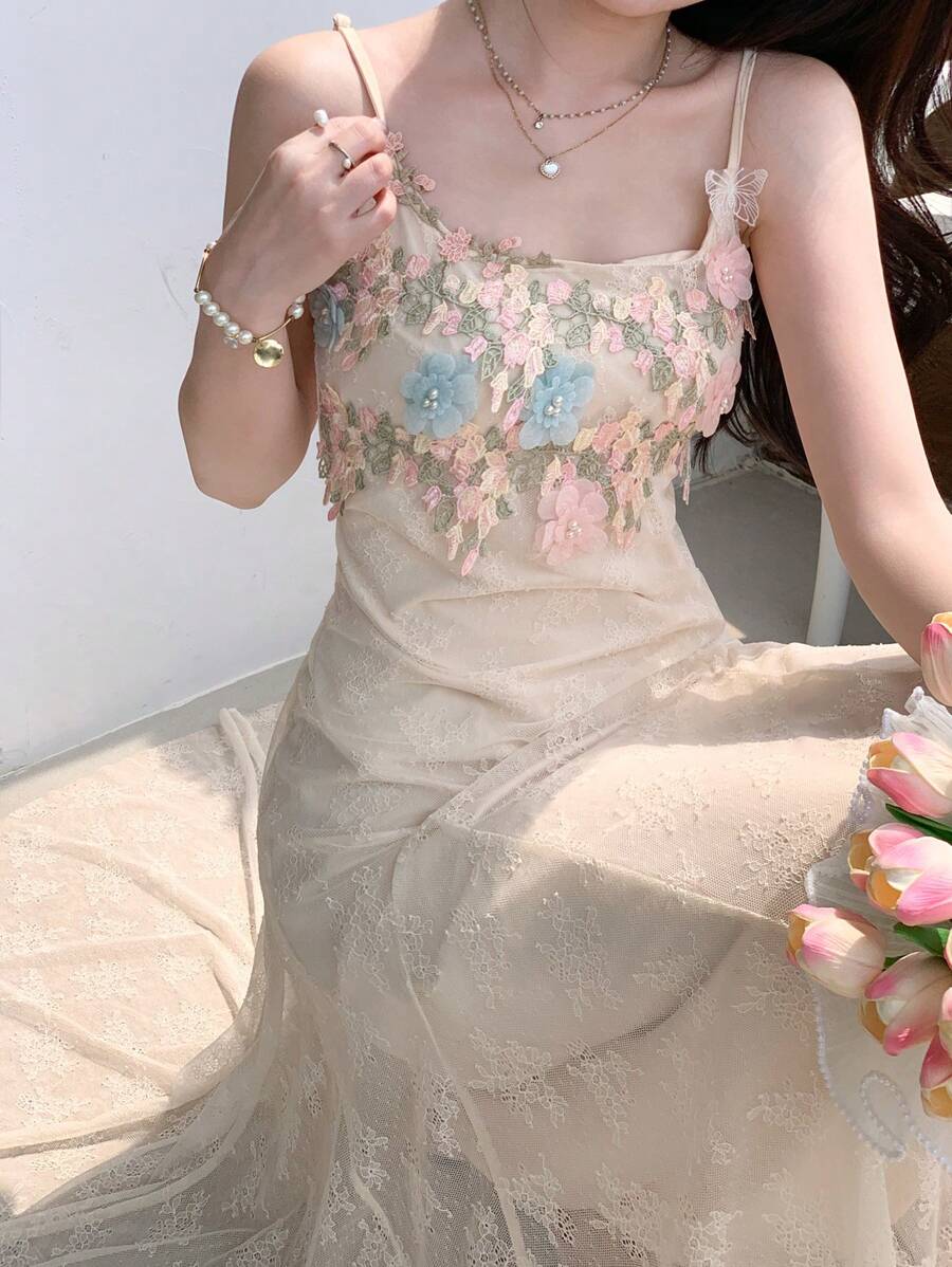 DAZY Women's Korean Style Summer Heavy Floral Decor Romantic Garden Lace Midi Dress