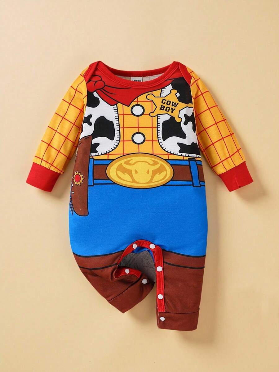 SHEIN Persoplay Kids Pijama de una pieza de manga larga con estampado de vaquero de dibujos animados, unisex para niños pequeños, adecuado para todas las estaciones, excelente para jugar al aire libre, fiestas, fotografía y uso casual en el hogar, adorable y cómodo