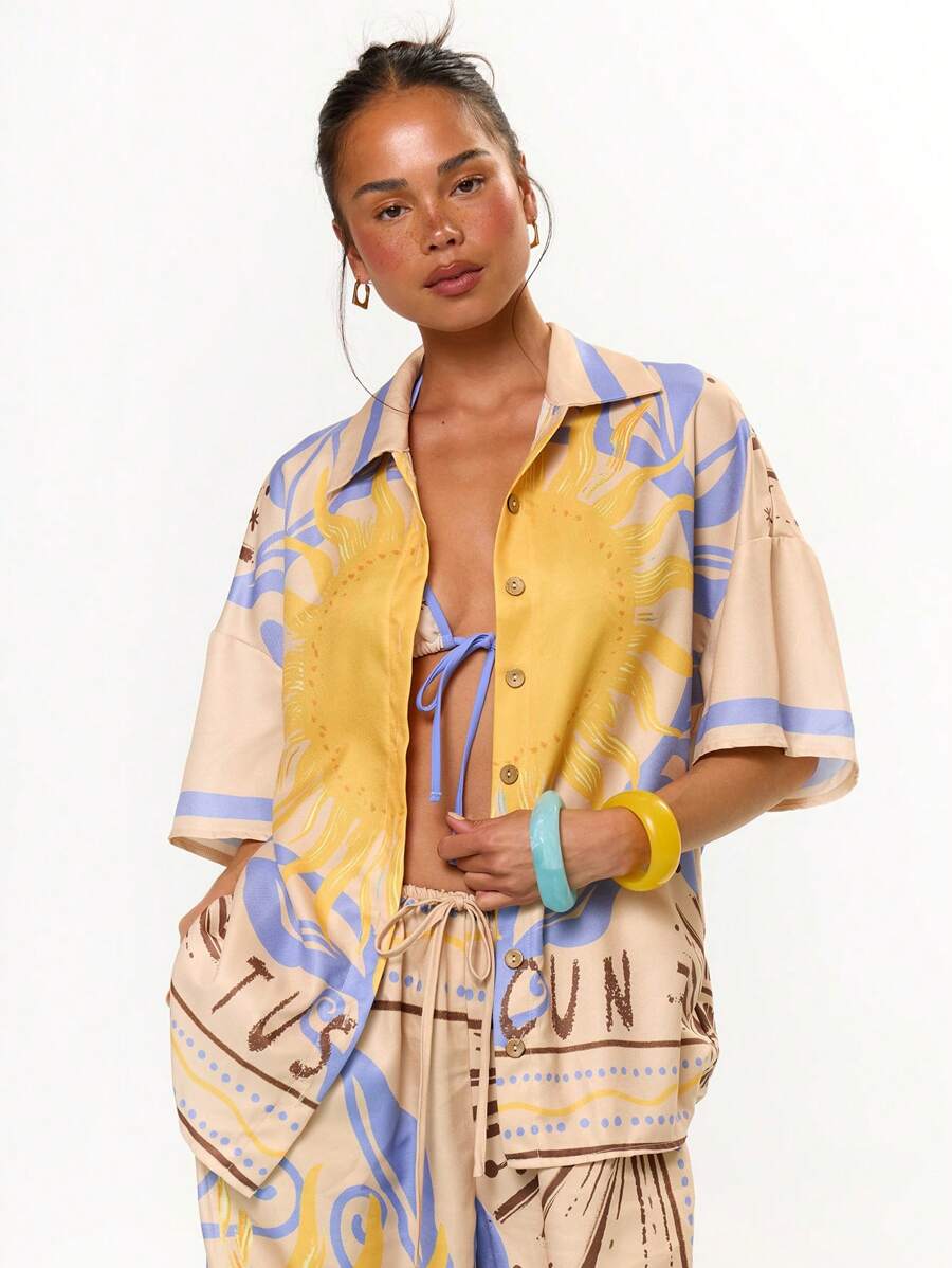 MUSERA Graphic Solar Print Button Through Short Sleeved Shirt Summer Vacation Holiday Festival Cute Casual Elegant Tuscan Sun Beach Holiday Ibiza