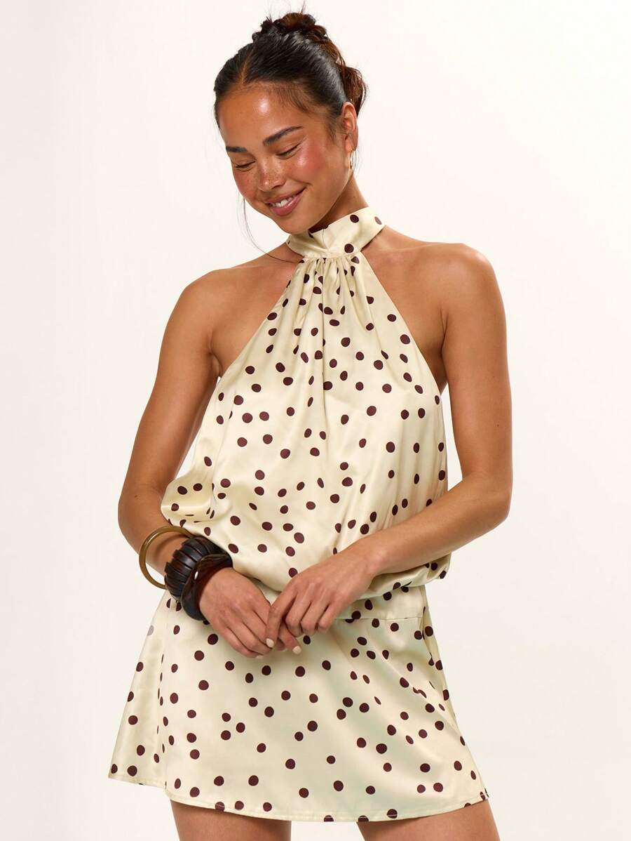 MUSERA Halter Neck Open Back Drop Waist Satin Polka Dot Mini Dress Birthday Graduation Summer Vacation Holiday Festival Cute Casual Elegant Tuscan Sun Ibiza Wedding Guest Beach Night Out