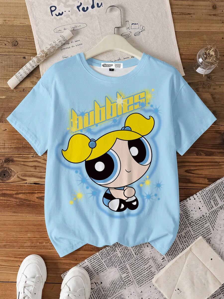THE POWERPUFF GIRLS X SHEIN Women Summer Casual Cartoon & Letter Graphic Loose Fit Drop Shoulder Short Sleeve T-Shirt