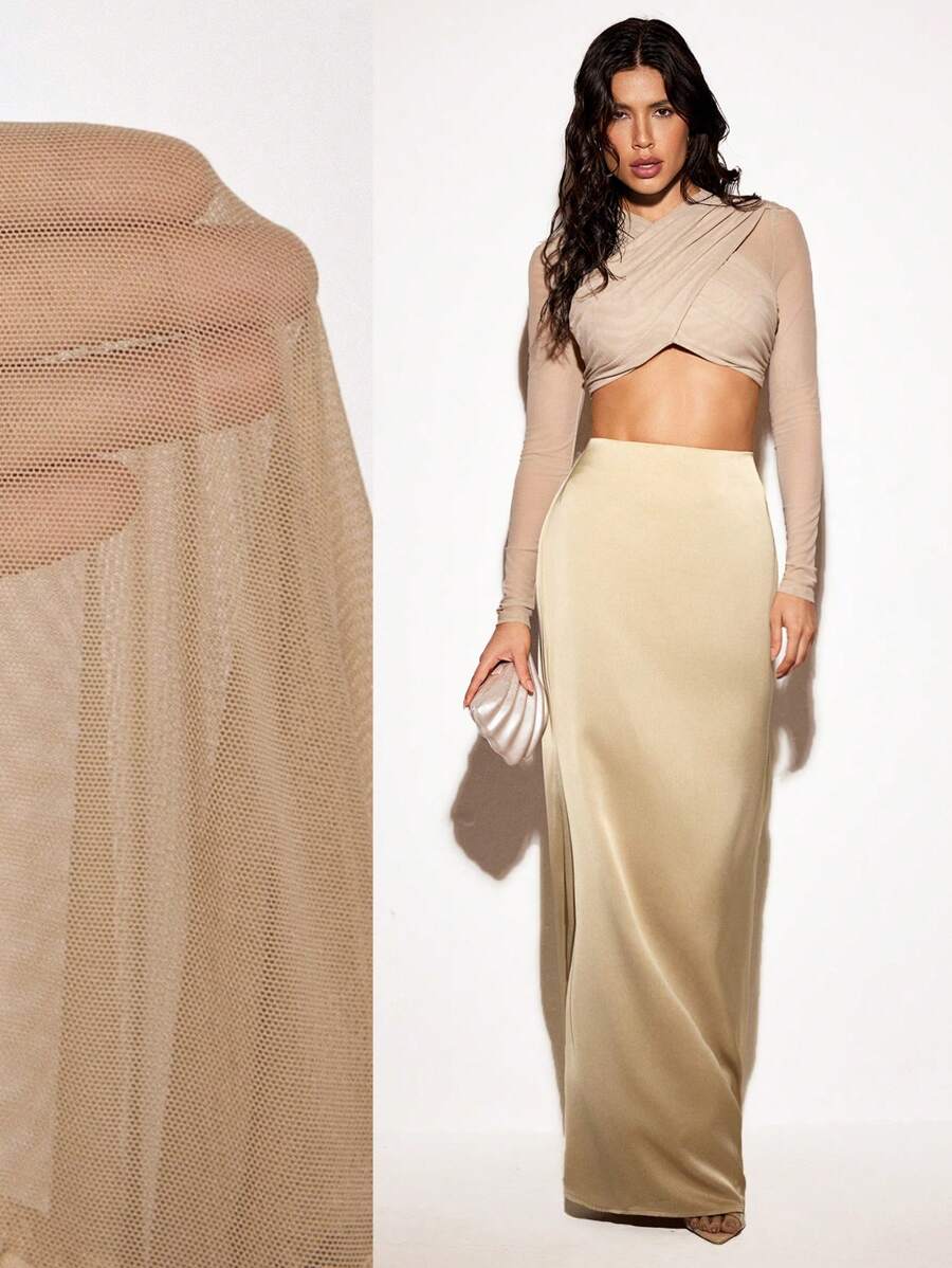 VIOLA AND VESPER Warm Sand Elegant High-Waist Satin Mermaid Maxi Skirt Women Summer Outfits