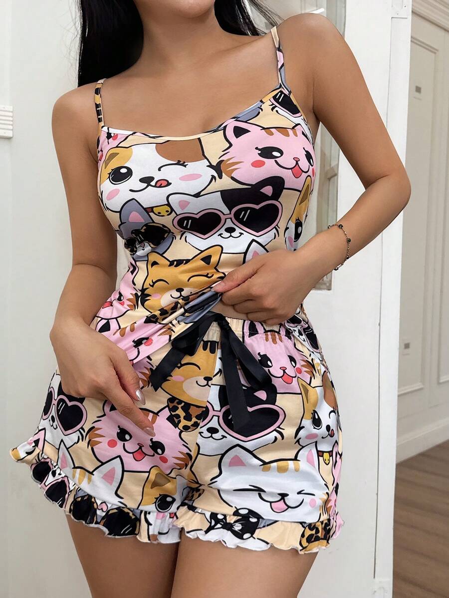 Set de 2 piezas de pijama con diseño lindo de gato de dibujos animados para mujeres