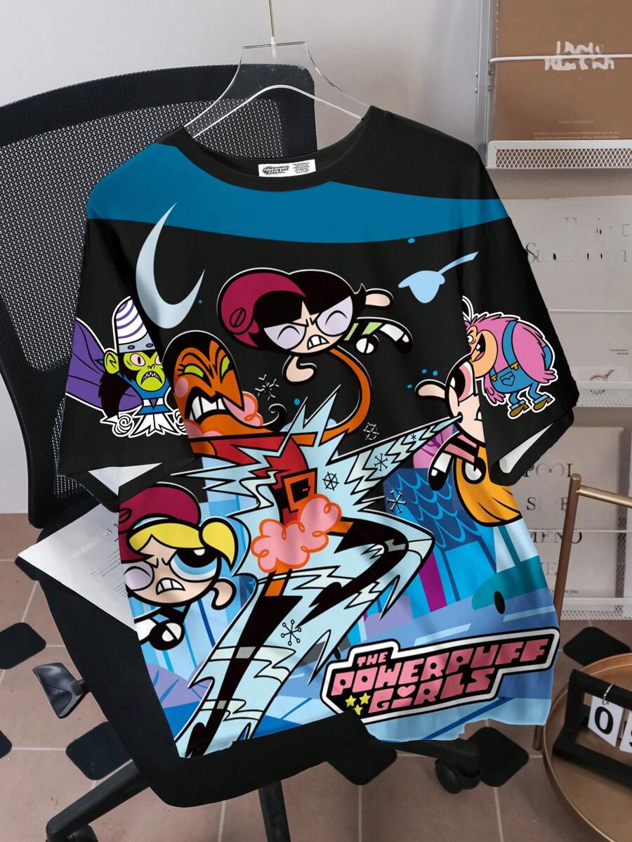 THE POWERPUFF GIRLS X SHEIN Men's Casual Summer Streetwear Cartoon Printed Short Sleeve T-Shirt