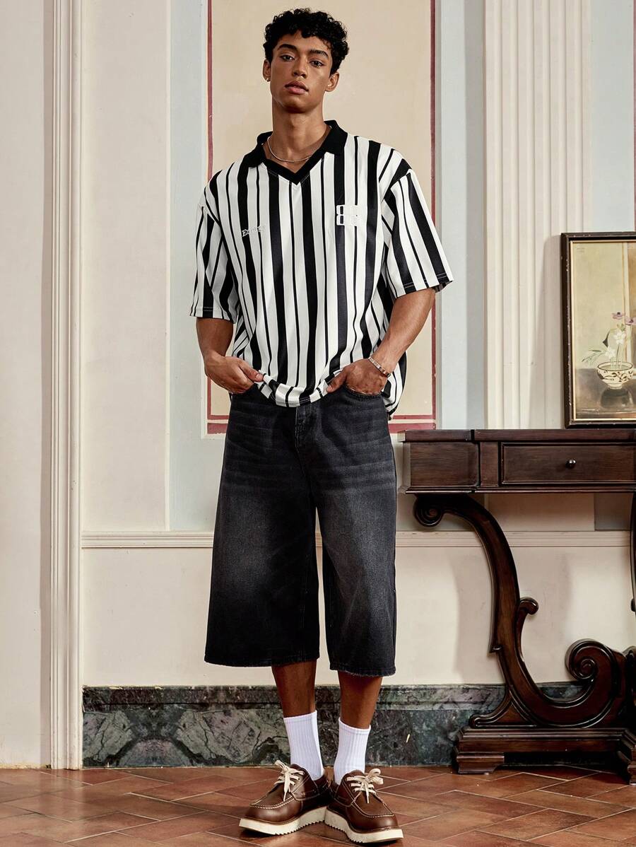SWAVVY Camiseta de manga corta casual, suelta y de punto con rayas para hombre, ideal para el verano y la escuela