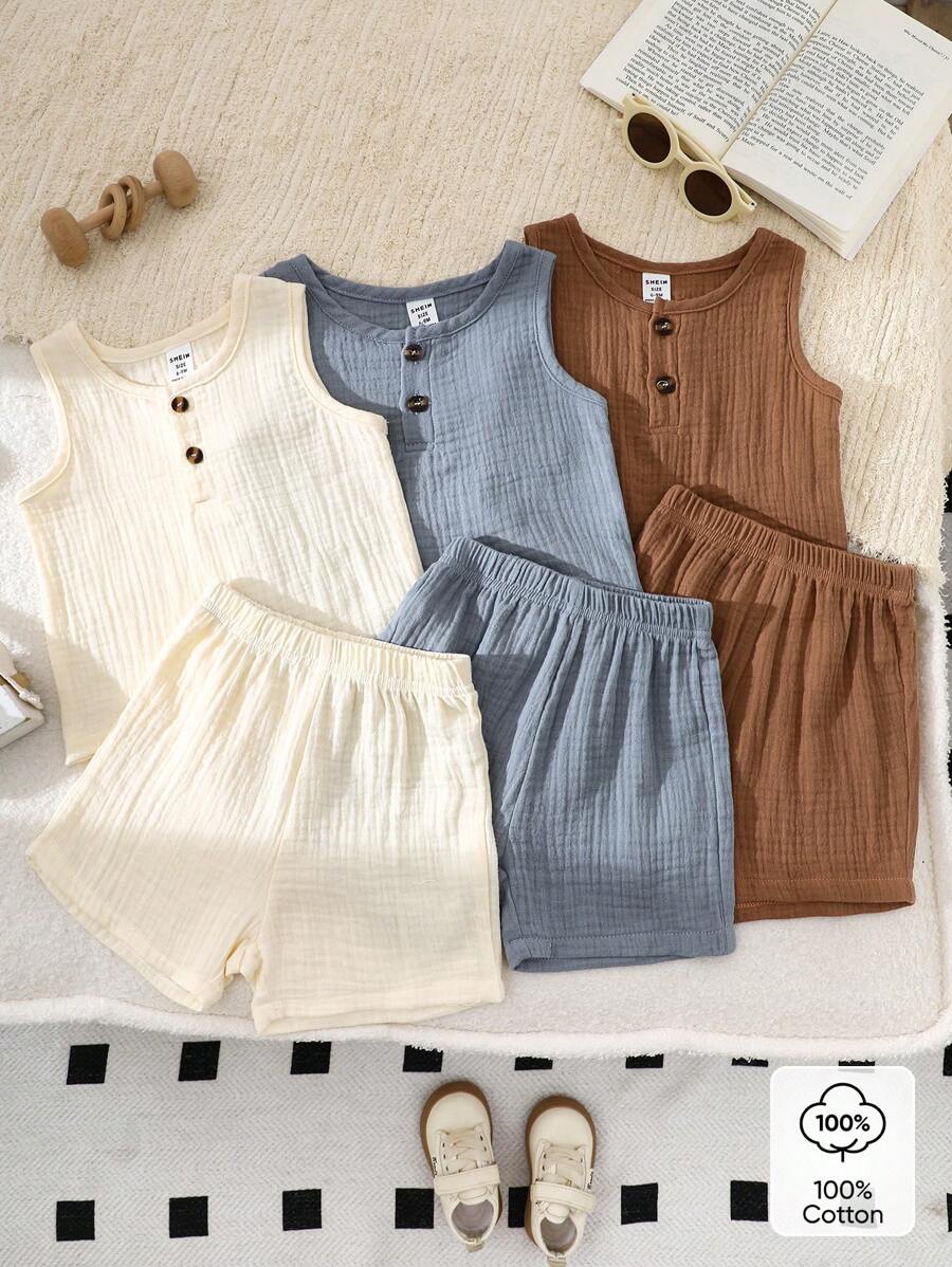 SHEIN Vintaside Kids Ensemble d'été de 6 pièces pour bébé garçon, débardeur unicolore décontracté assorti à des shorts, 3 ensembles en café, abricot et bleu, coupe ample, convenant pour la maison, les loisirs, les sorties et les occasions de fête