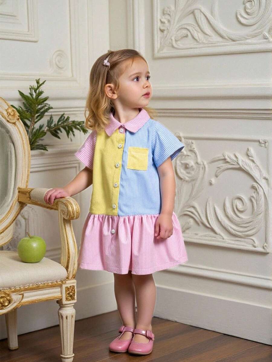 Souflis Souflis Vestido camisa de manga corta con parches y rayas para bebé niña de 0 a 3 años, de uso diario casual