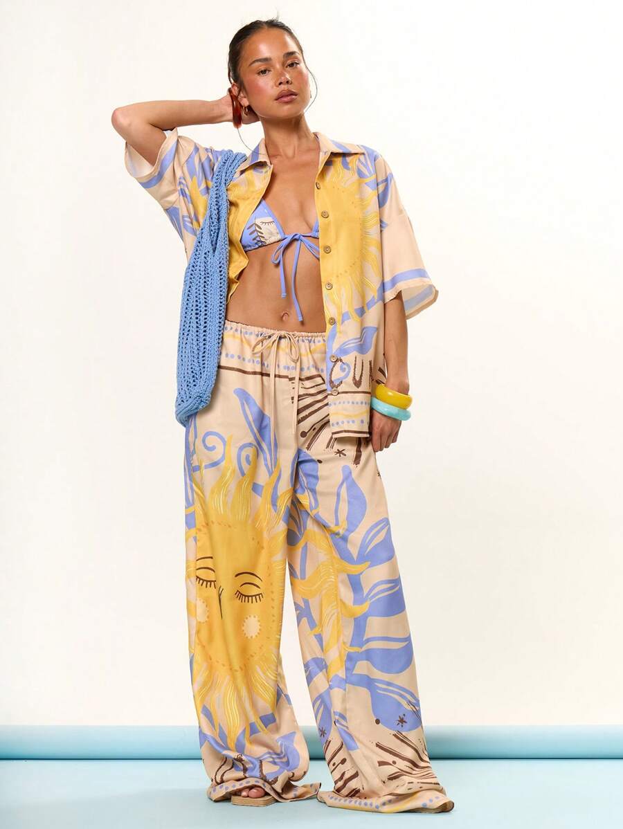 MUSERA Wide Leg Tie Front Graphic Sun Solar Print Trousers Beach Cover Up Swim Summer Vacation Holiday Festival Cute Casual Elegant Tuscan Sun