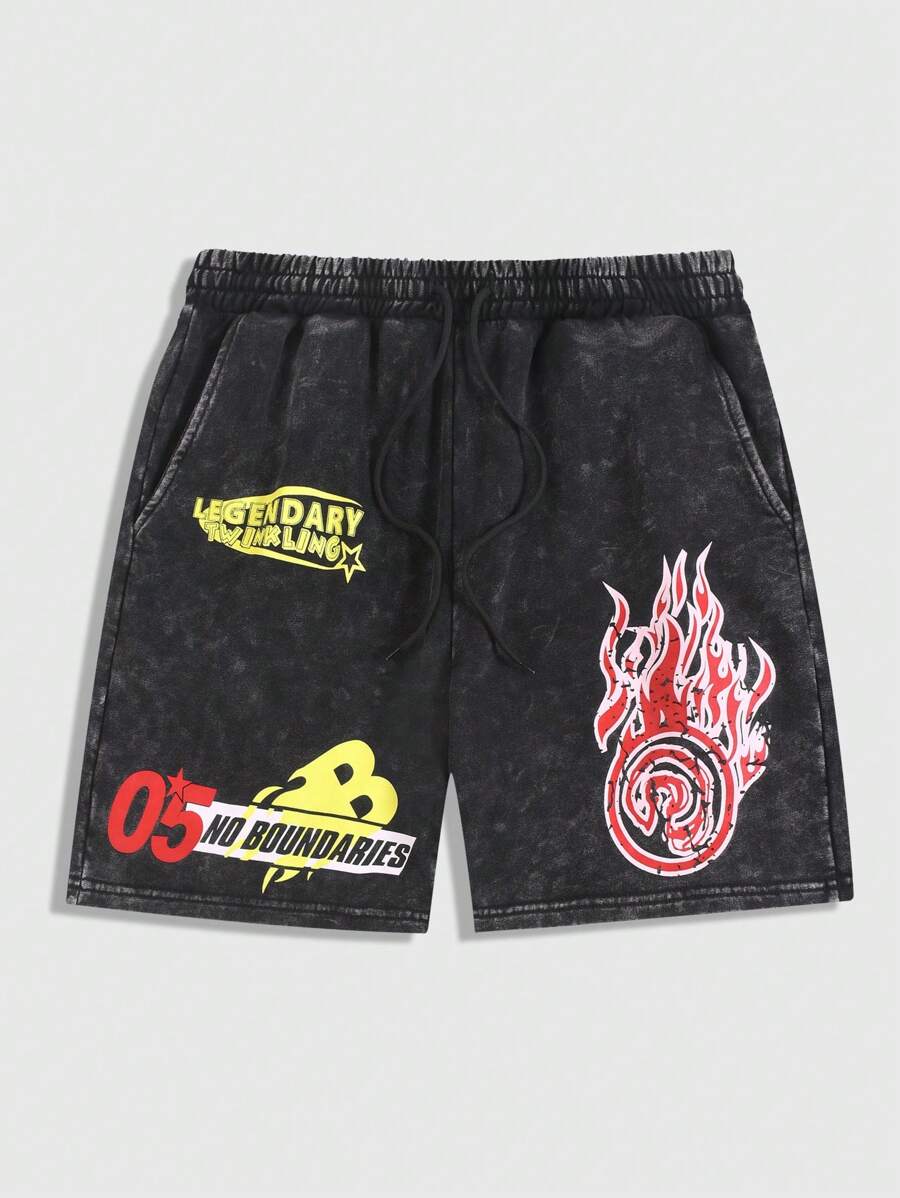 ROMWE MEN Street Life Pantalones cortos para hombre con estampados de copos de nieve, caballos, letras y llamas