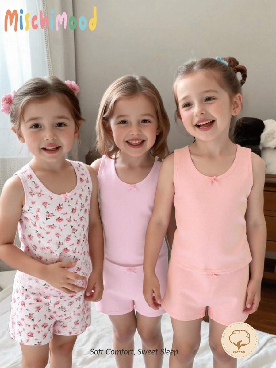 SHEIN 3PCS/Set Young Girl Camisole With Ribbing, Rose And Bow Design, Pink + Solid Color Camisole And Panty Set With Bow, Soft And Comfortable,Summer Travel