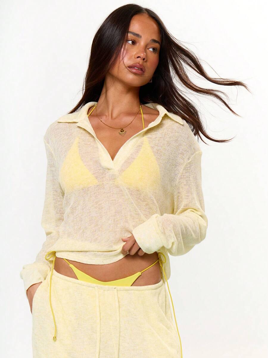 MUSERA Lightweight Knit Collared Plunge V Neck Long Sleeve Overshirt Only Beach Cover Up Swim Summer Vacation Holiday Festival Cute Casual Elegant Tuscan Sun Fall Back To School