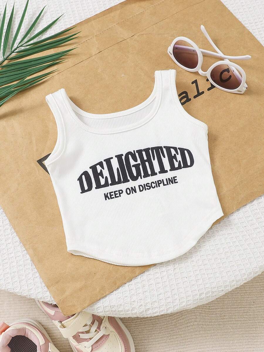 Baby Girls Cute Versatile Letter Print Sleeveless Camisole Top, Suitable For Summer