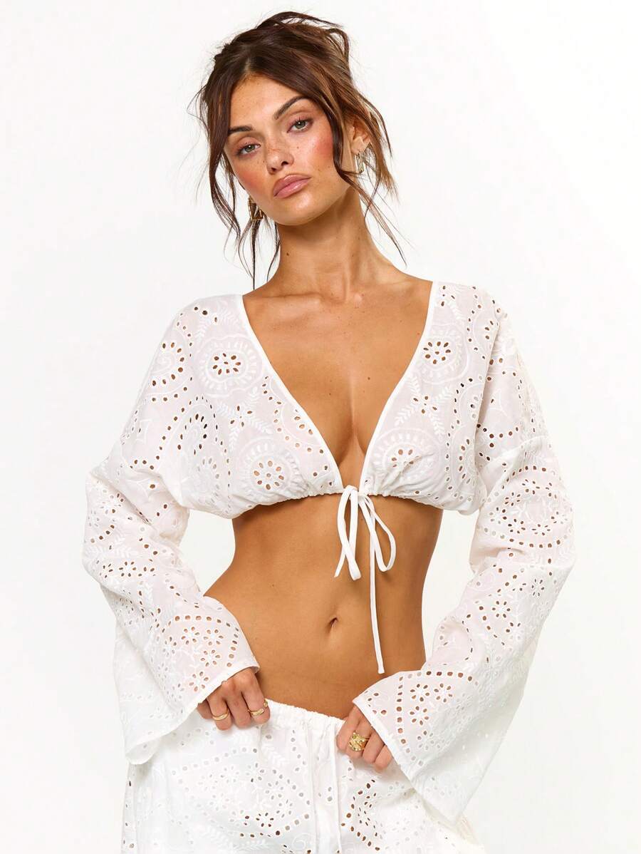 MUSERA Plunge Front Broiderie Anglaise Long Wide Sleeve Tie Front Crop Top Cover Up Swim Beach Summer Vacation Holiday Festival Cute Casual Elegant Tuscan Sun
