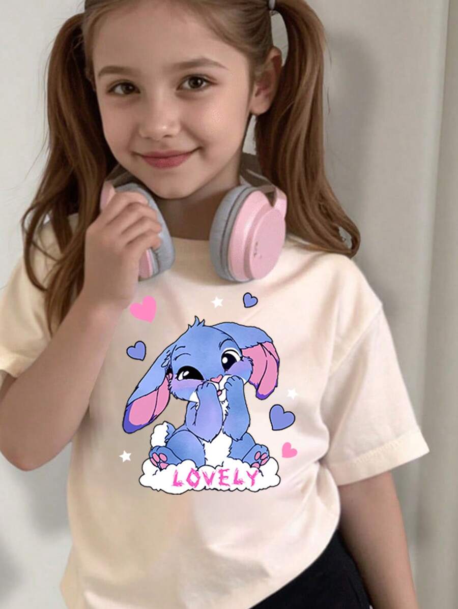 T-shirt basique à col ras du cou et manches courtes avec imprimé de bande dessinée pour jeunes filles
