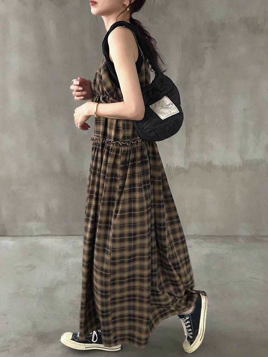 FRIFUL Women's Sleeveless Plaid With Ruffle Patchwork Loose Long Casual Dress Plaid Dress Women Brown Plaid Dress Long Plaid Dress Grunge Dress