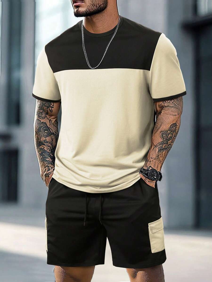 Manfinity Homme Men's Casual Contrast Color Short Sleeve T-Shirt And Shorts Set Men Color Block Sets Men Casual Top And Bottom Set