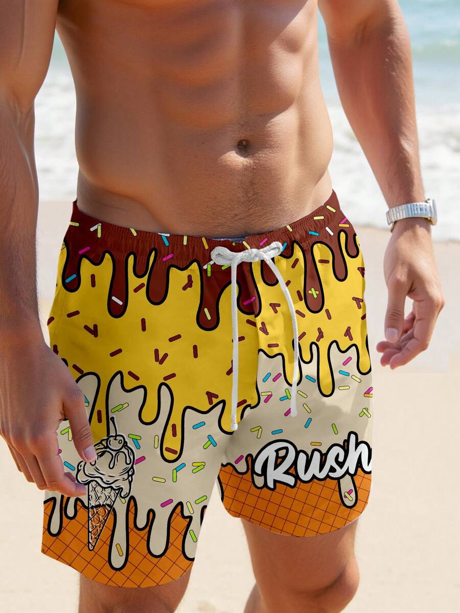 Manfinity RSRT Pantalones cortos casuales de playa con cordón y estampado total para hombres, adecuados para el verano, estilo hawaiano
