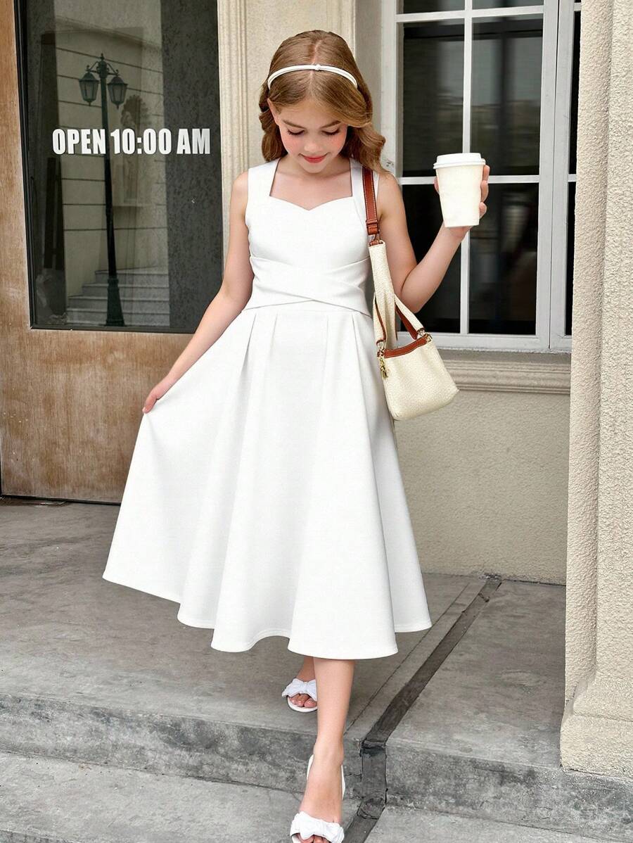 SHEIN Tween Girl Sweetheart Neck Crystal Decor Cross Waist Flared A-Line Knitted Dress