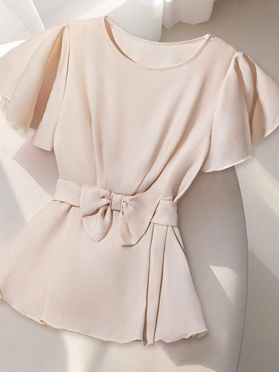 Franclia Blusa de gasa de manga corta con moño en unicolor para mujer de talla grande