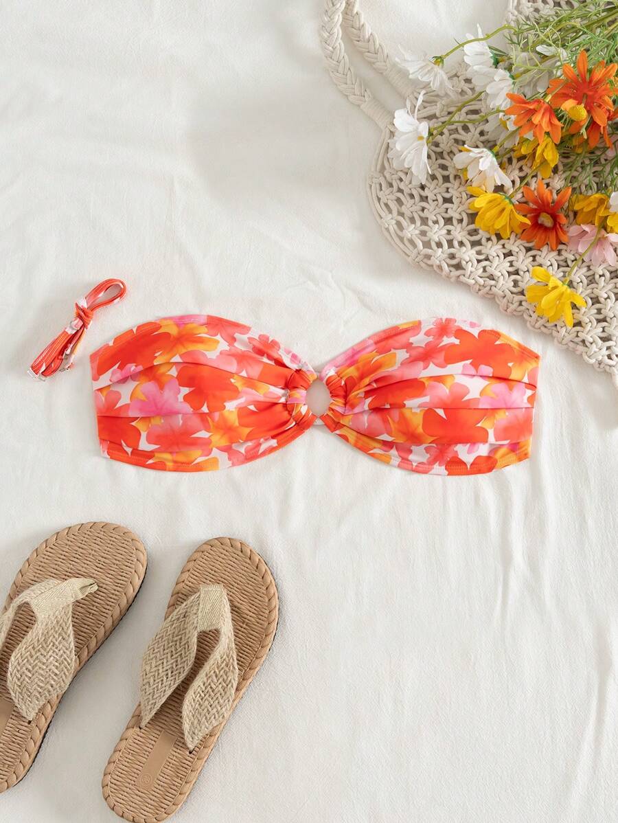 Swim Mod Costume da bagno tankini con stampa floreale, arricciato davanti e in taglie comode, abbigliamento casual da spiaggia