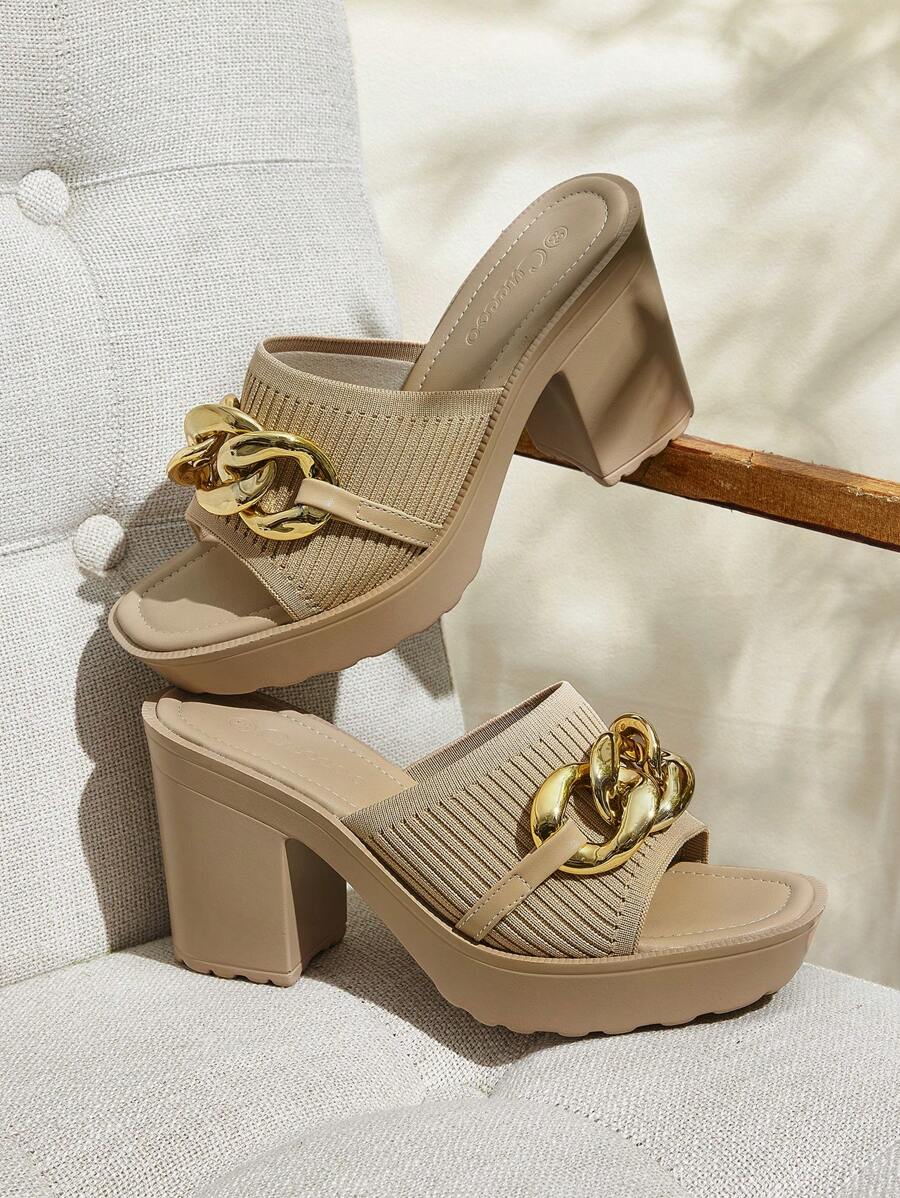 CUCCOO BASICS Women's Round Toe Thick Sole Metal Chain Apricot Knitted Material Comfortable Slip-On Sandals, Peep-Toe High Heel Mule Sandals