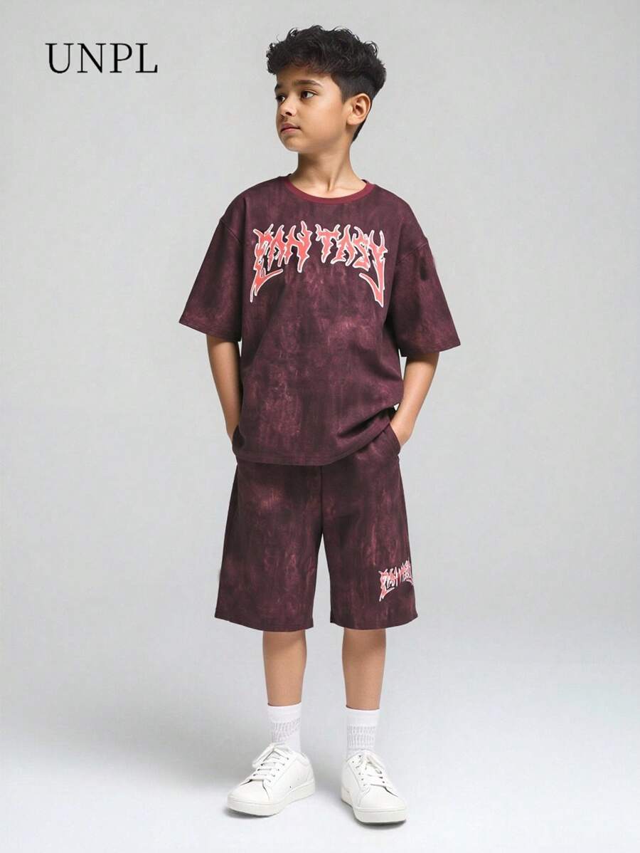 Set de 2 piezas para adolescentes varones: Top de manga corta con estampado de letra efecto tie-dye y shorts