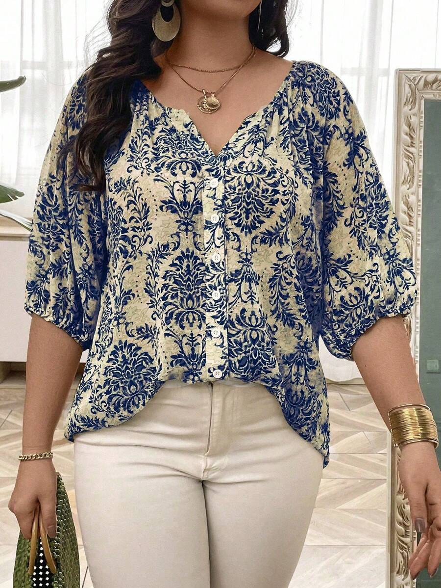SHEIN LUNE Plus Size Women's Plant Print Lantern Sleeve Button Down Casual Shirt