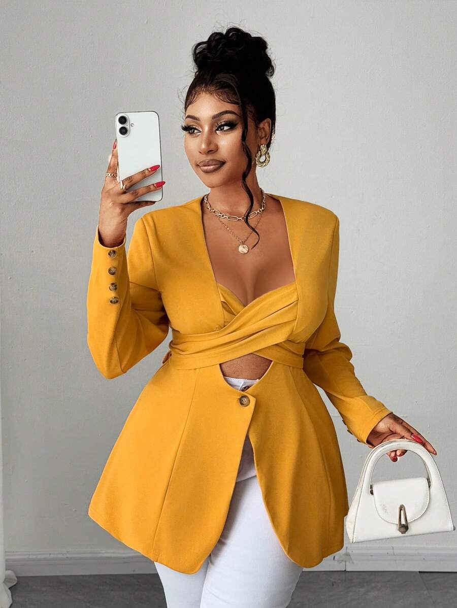 Maweii Plus Size Blazers, Solid Color With Button Detail And Side Split Design, Long Sleeve Graduation,Back To School,Teacher Outfits For Women