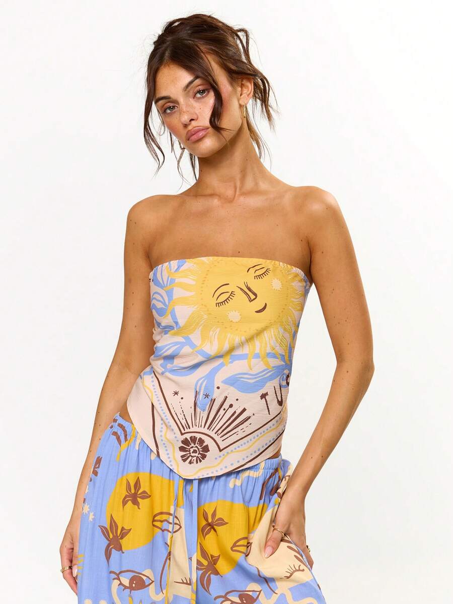 MUSERA Solar Printed Longline Strapless Bandeau Top Summer Vacation Holiday Festival Cute Casual Elegant Tuscan Sun