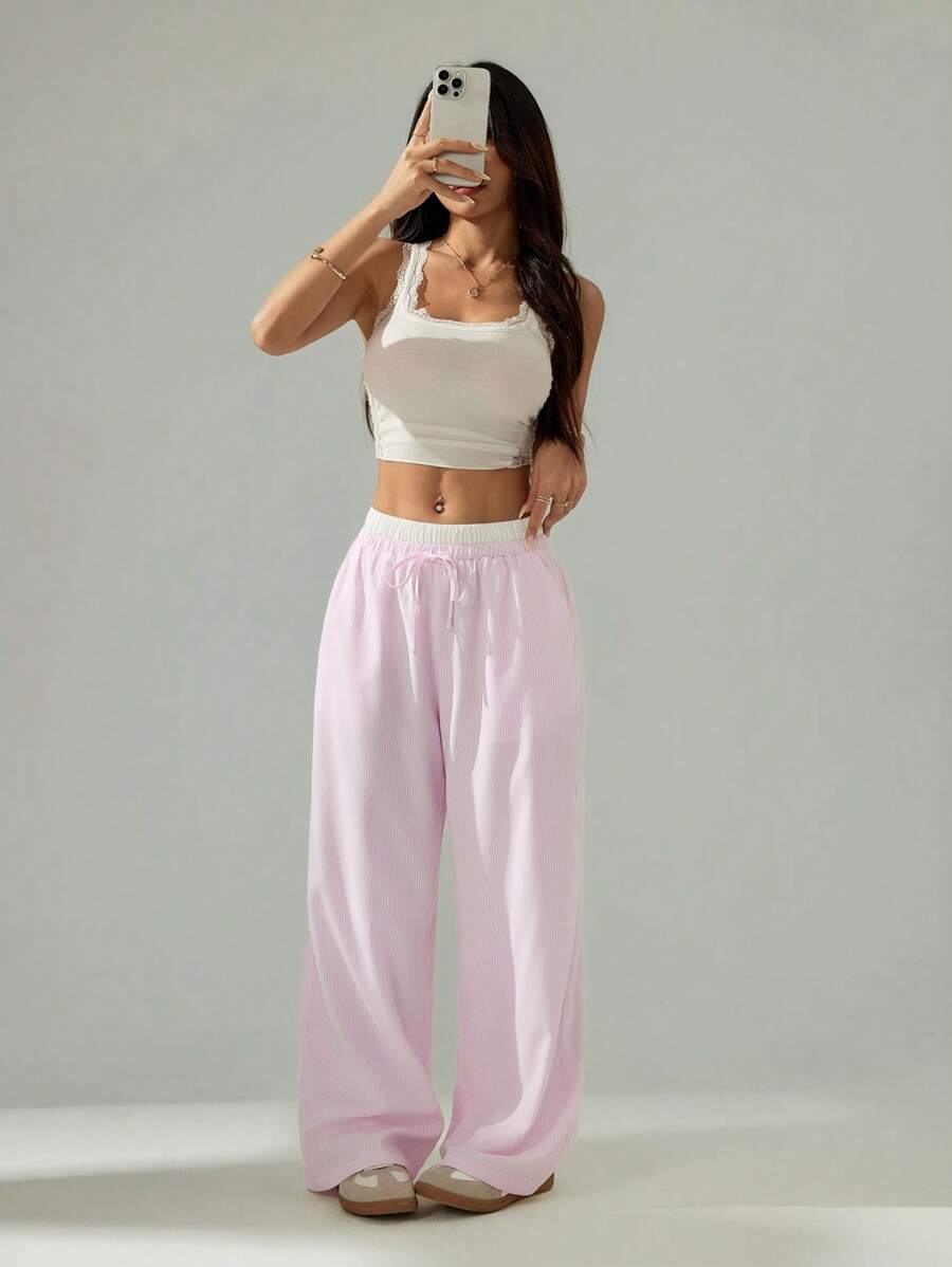 SHEIN PETITE Women's Casual Solid Color Pink Striped Contrast Waist Long Pants,Vacation Outfits Woman Fashionable For Daily Wear